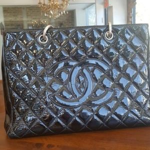 Black Patent Leather CHANEL GST Silver Hardware